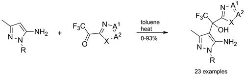 Noncatalytic Electrophilic Oxyalkylation of 3-Aminopyrazoles with 2-(Trifluoroacetyl)-1,3-azoles