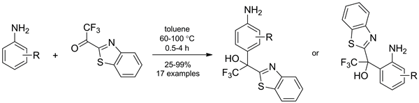 Noncatalytic Electrophilic Oxyalkylation of Anilines with 2-Trifluoroacetyl-1,3-benzothiazole
