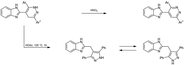Recyclization of 2-(3,6-diaryl-2,5-dihydropyridazin-4-yl)-1H-benzimidazoles to 2-[(3,5-diarylpyrazol-4-yl)methyl]-1H-benzimidazoles